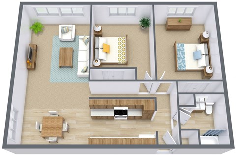 Floor plan for 2 beds, 1 bath, 850 sqft